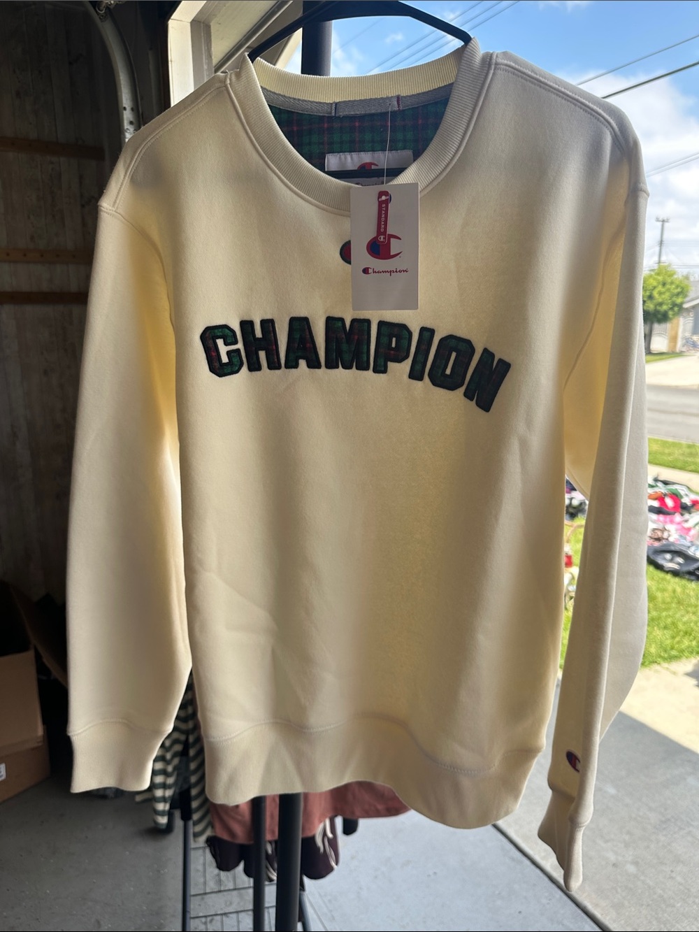 Champion Cream Crewneck Sweatshirt with Green Lettering